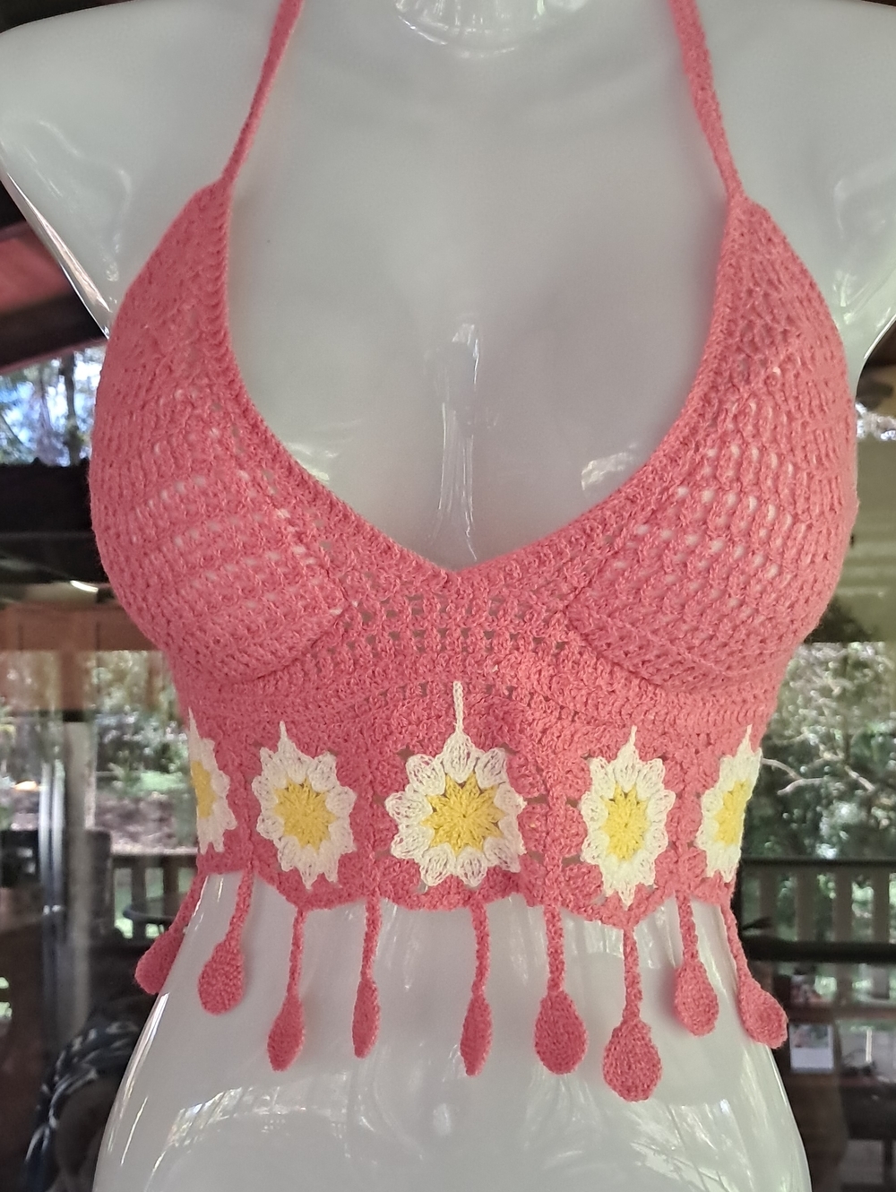 Handmade Pink Crochet Floral Halter Crop Top